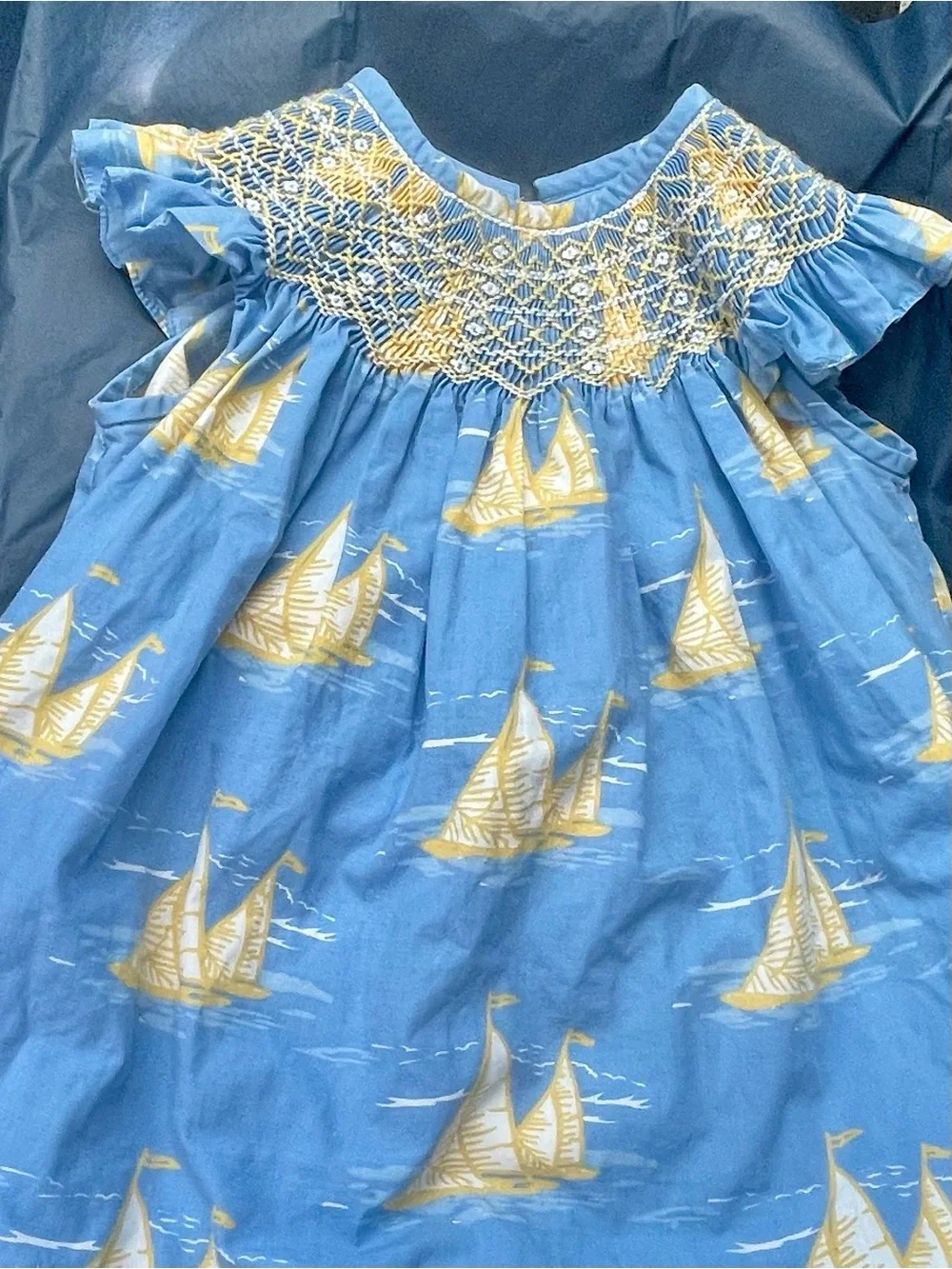 Claire & Charlie Smocked Sailboat Baby Dress Blue, Yellow 9 months