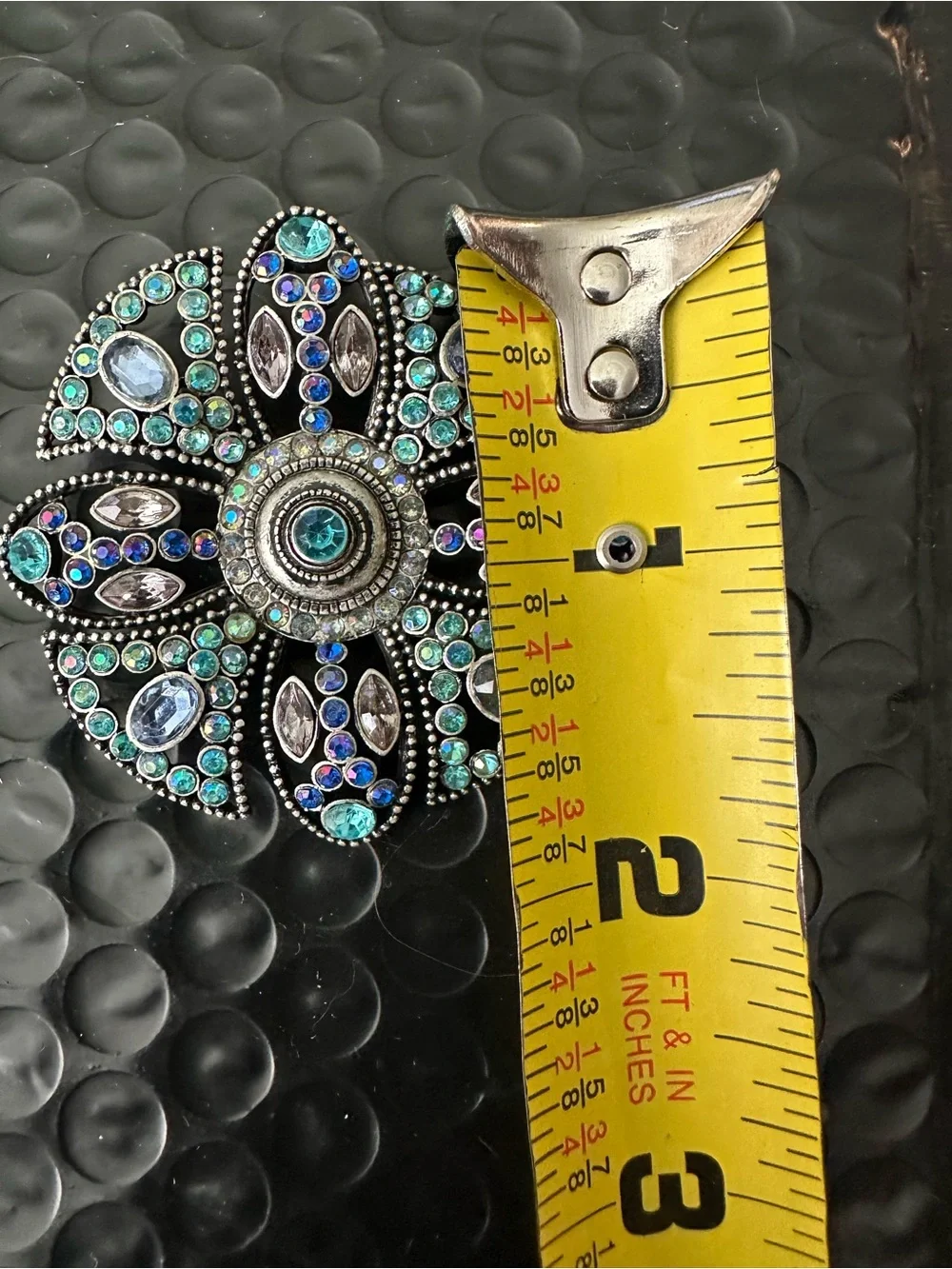 🌸 Blue Teal Rhinestone Floral Brooch Pin Antique Silver Tone Vintage Style