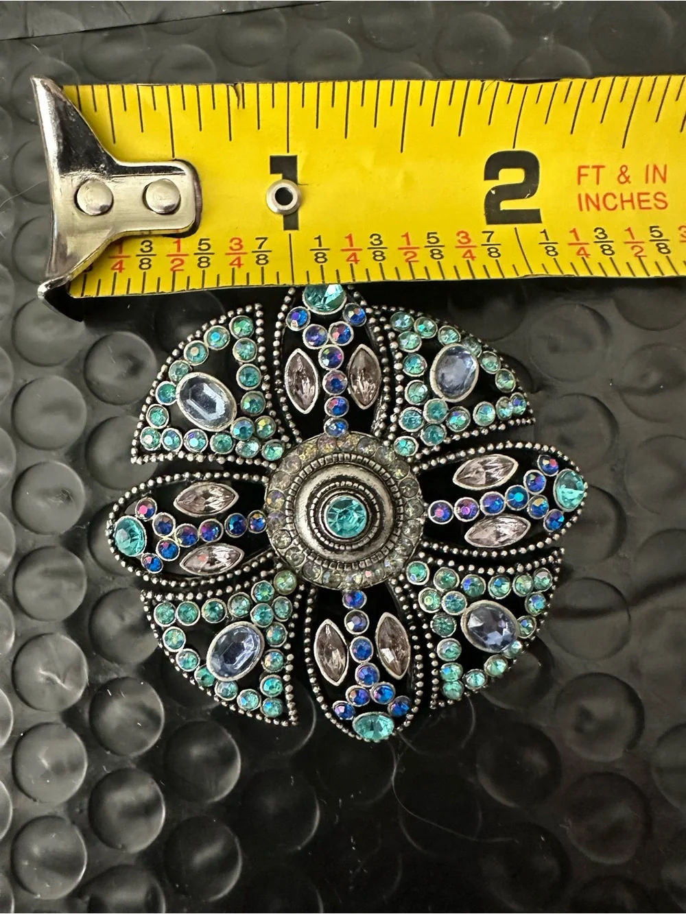 🌸 Blue Teal Rhinestone Floral Brooch Pin Antique Silver Tone Vintage Style