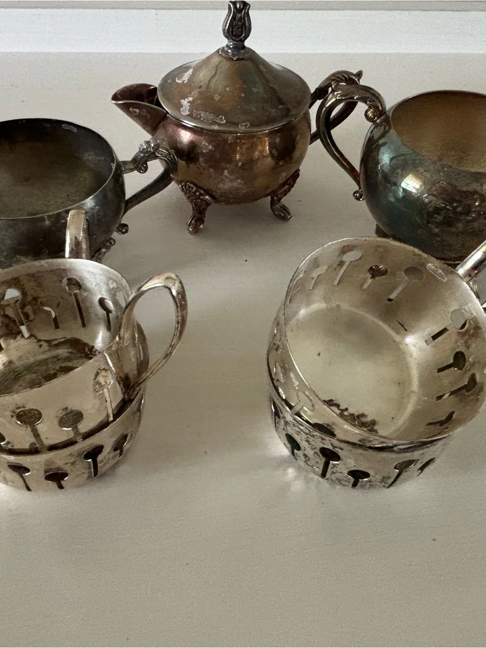 Antique Silver-Plate Sugar Bowl & Tea Set Pieces