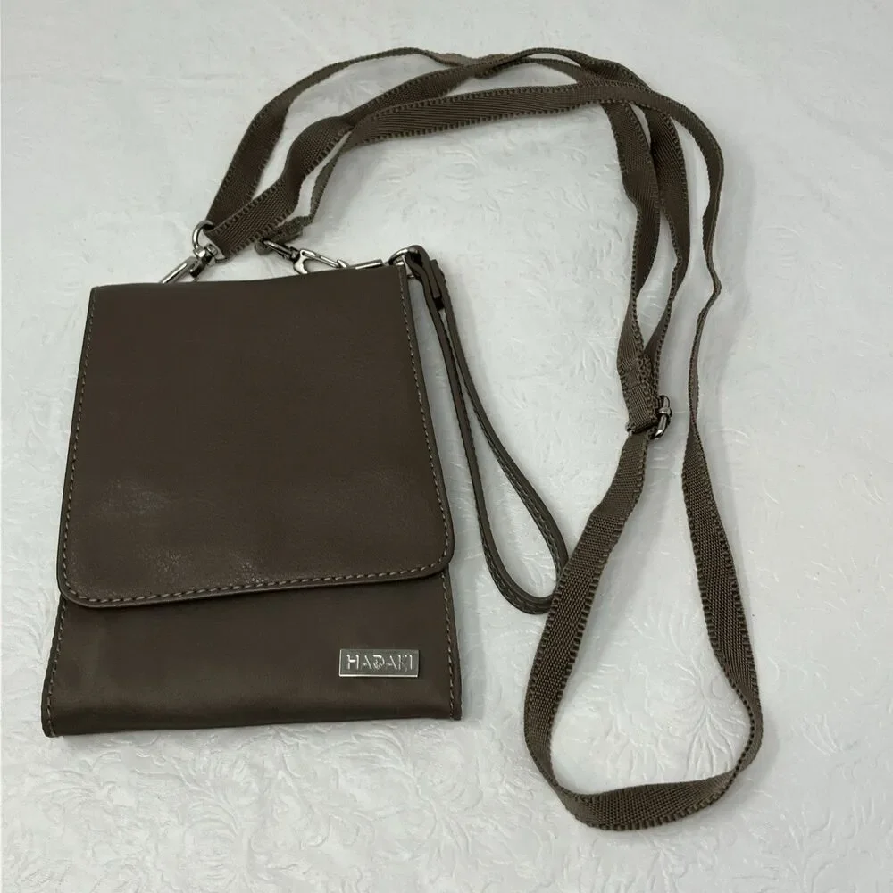 HADAKI Travel Wallet Wristlet Crossbody Strap Purse Bag Brown Taupe Unisex EUC