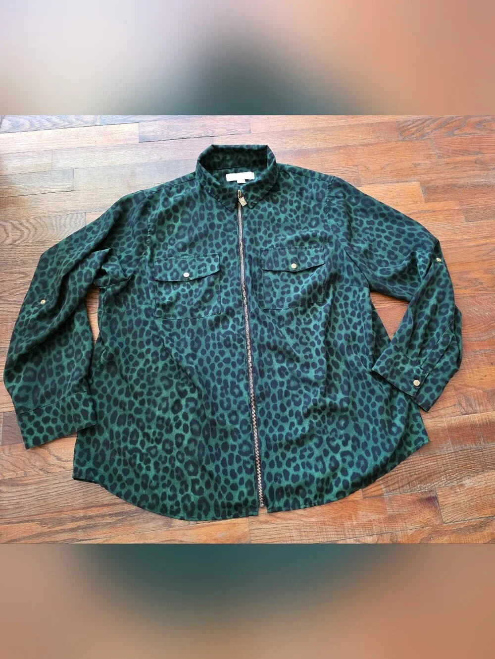 Michael Kors Green and Black Leopard Zip-Front Blouse