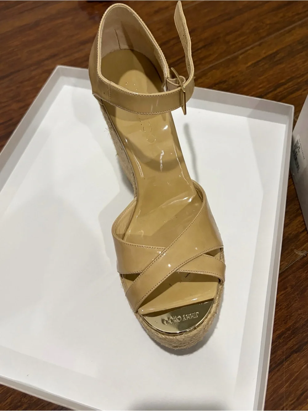 Jimmy Choo Beige Patent Espadrille Wedge Sandals