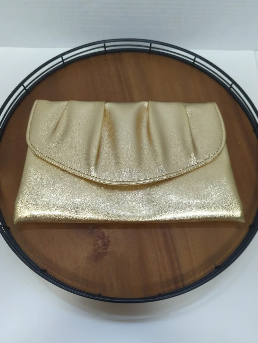 Vintage Avon Metallic Gold Faux Leather Clutch Pleated Details Snap Closure
