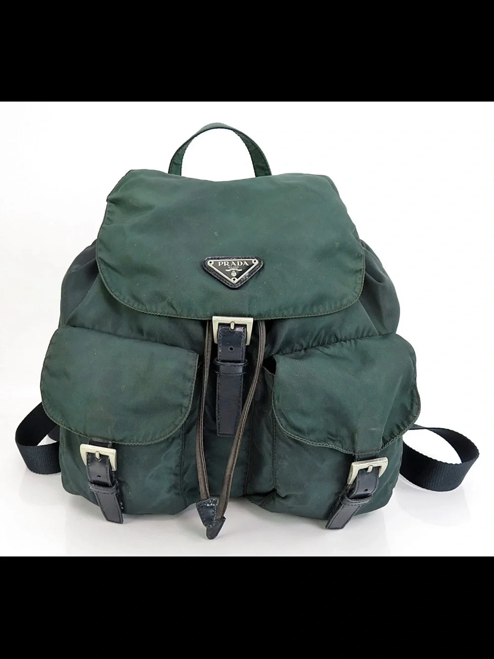 Prada Dark Green Nylon Drawstring Backpack with Front Pockets