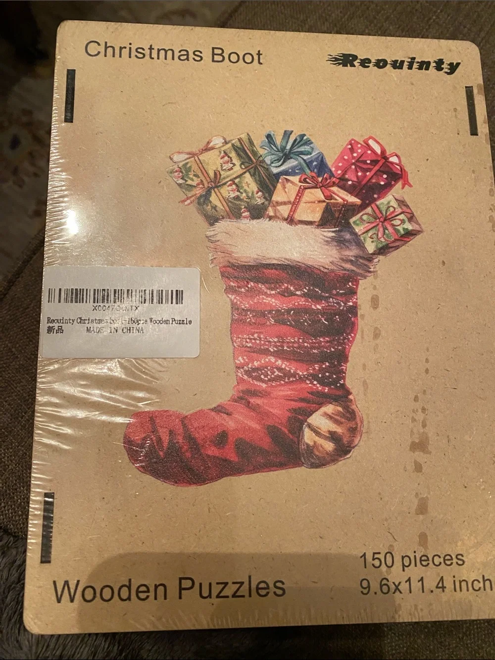 Requality Christmas Boot Wooden Puzzle - Red Holiday Stocking, 150 Pieces
