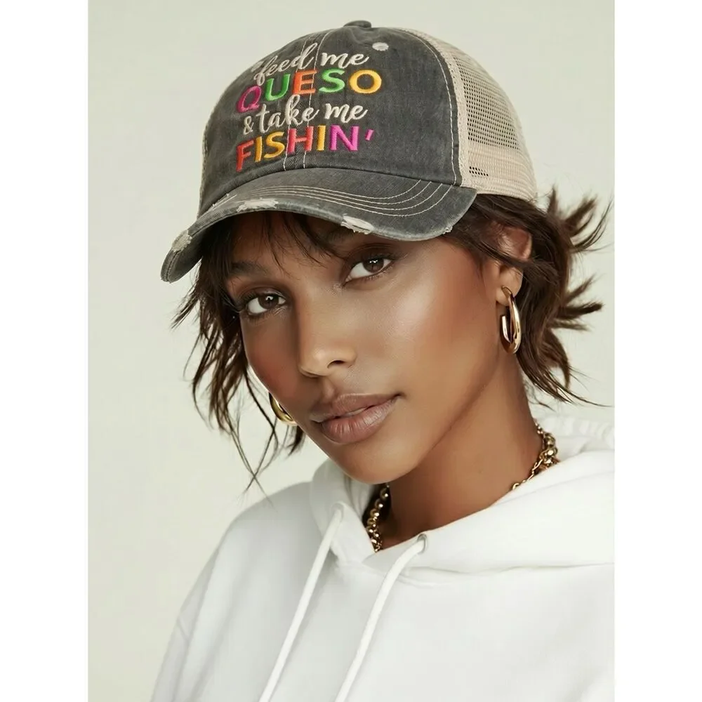 EUC Women’s Black Mesh Adjustable Baseball Cap Feed Me Queso & Take Me Fishing