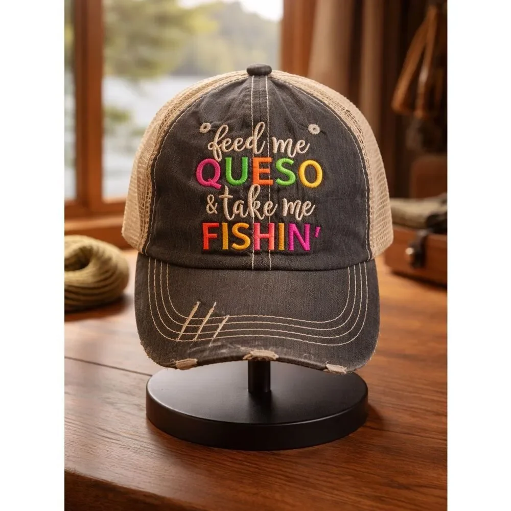 EUC Women’s Black Mesh Adjustable Baseball Cap Feed Me Queso & Take Me Fishing