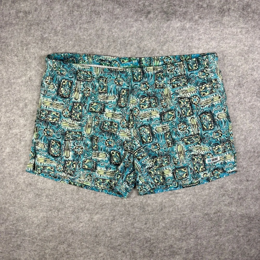 Vintage 90s Sideout Sport Tiki Surfboard Swim Trunks Teal Blue Made in USA XL
