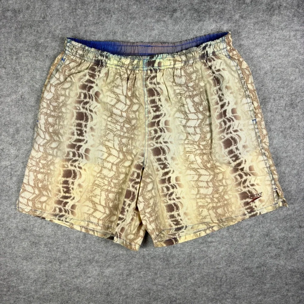 Vintage 90s Speedo Swim Trunks Abstract Snakeskin Print Tan Brown Blue Mesh L
