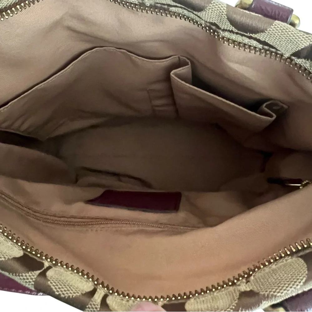 Coach Signature Stripe Khaki Brown Canvas Tote Bag Burgundy Leather Trim F28504