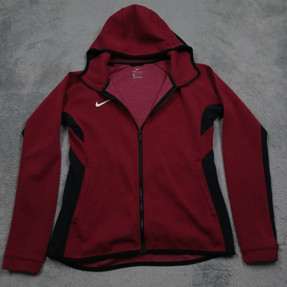 Nike Jacket Womens Medium Red Dri Fit Hooded Full Zip Casual