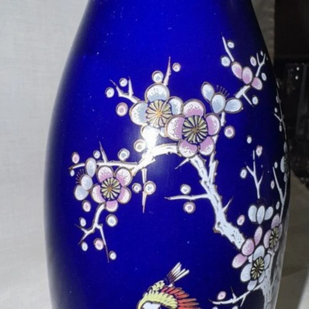 Yamato Japan Porcelain Cobalt Blue Cherry Blossoms Bird Floral Gold Rimmed Vase.