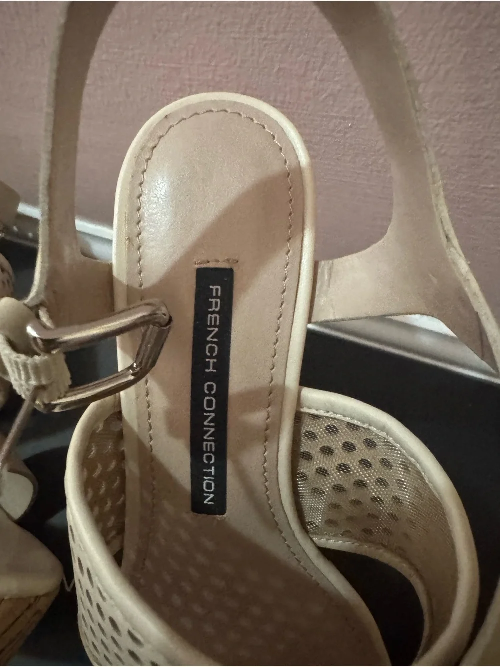 French Connection Cream Perforated Wedge Sandals