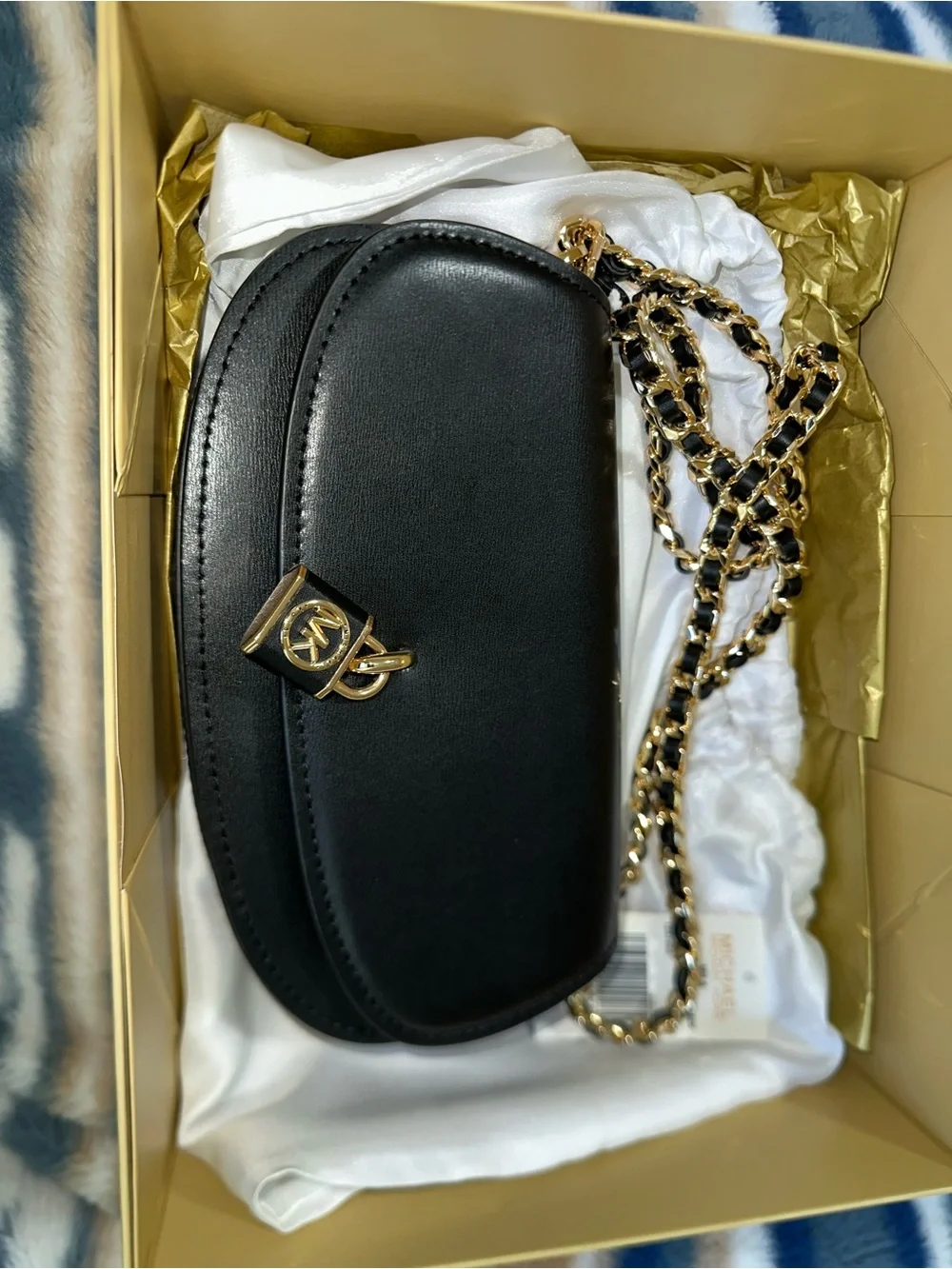Michael Kors Black Leather Crossbody with Gold Chain