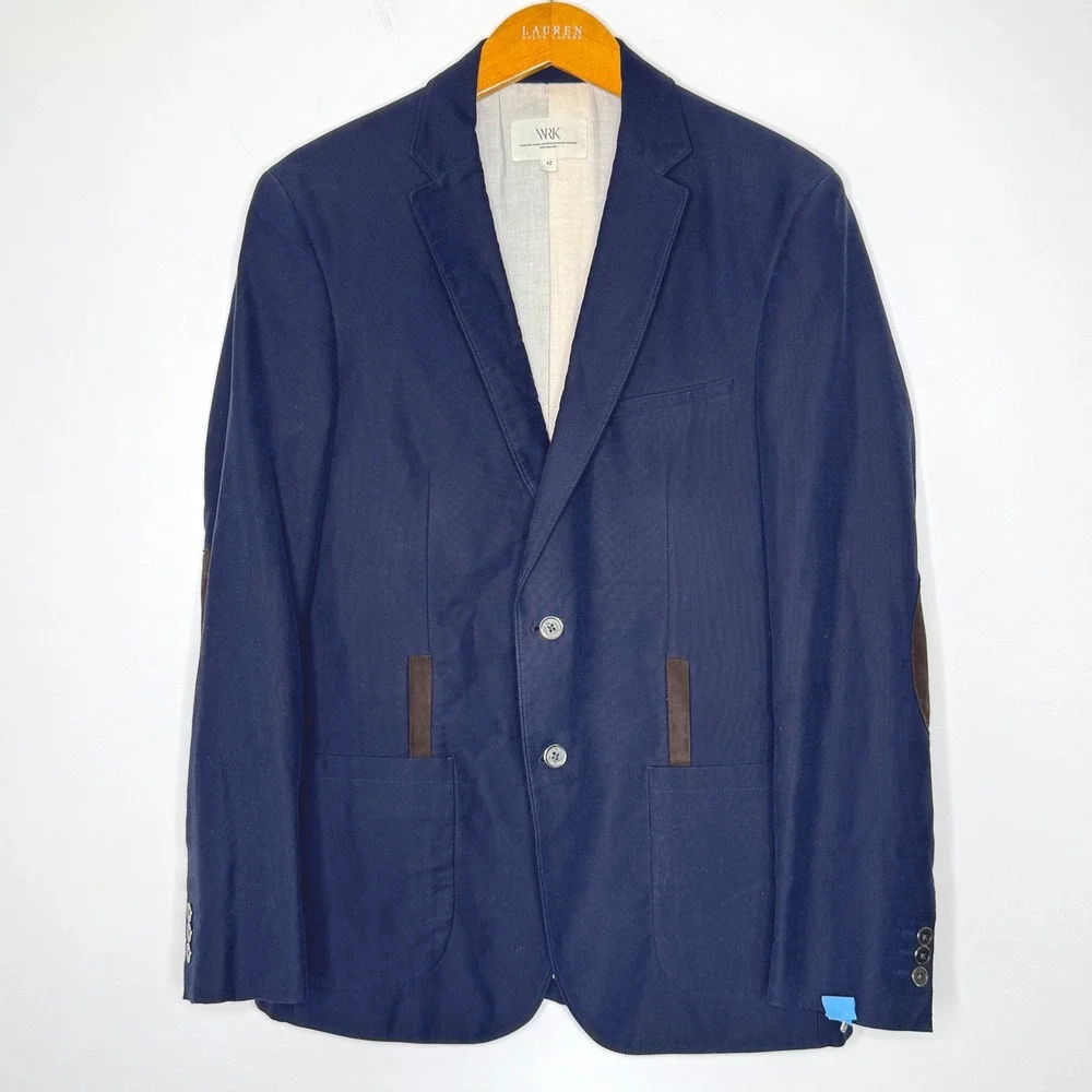 W.R.K. NY Blue 2‎ button blazer suede elbow patches Size 42