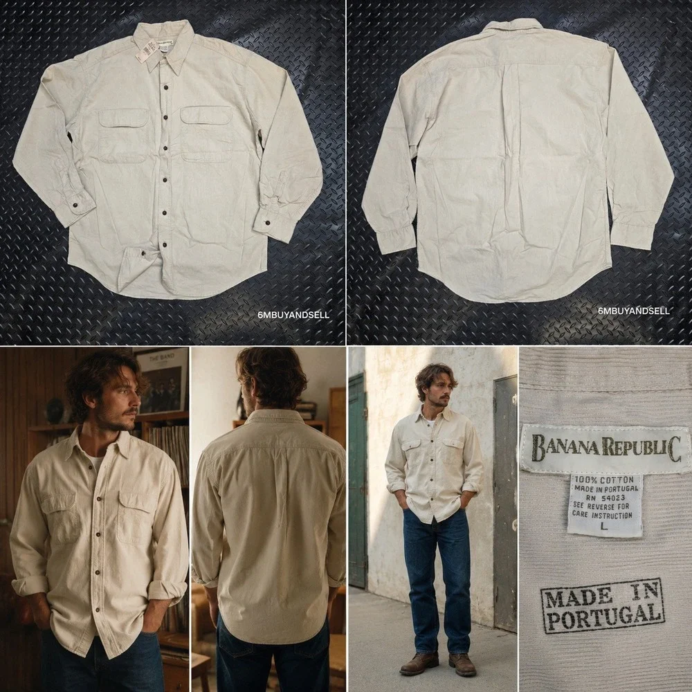 Vintage Banana‎ Republic Mens Corduroy Shirt L Beige Cotton Button Down Portugal