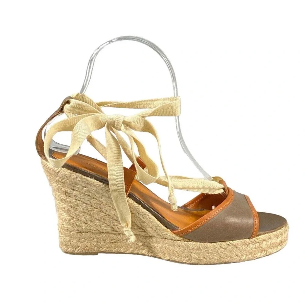 J Crew Tan and Beige Espadrille Wedge Sandals with Ankle Tie