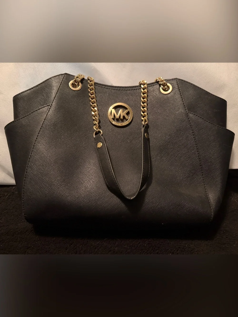 Michael Kors Black Saffiano Tote with Gold Chain Detail