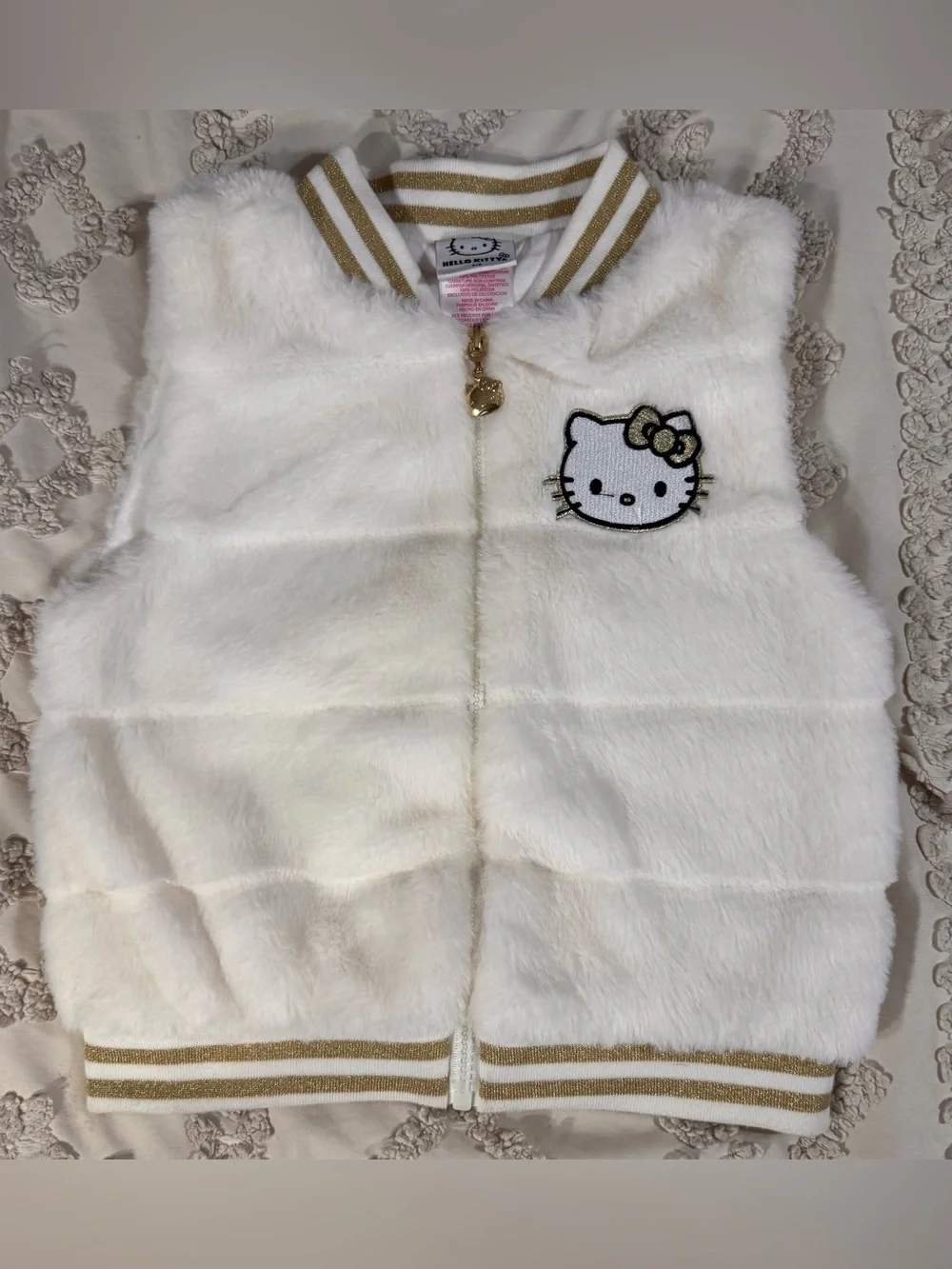 Hello Kitty White Faux Fur Zip Vest with Gold Trim