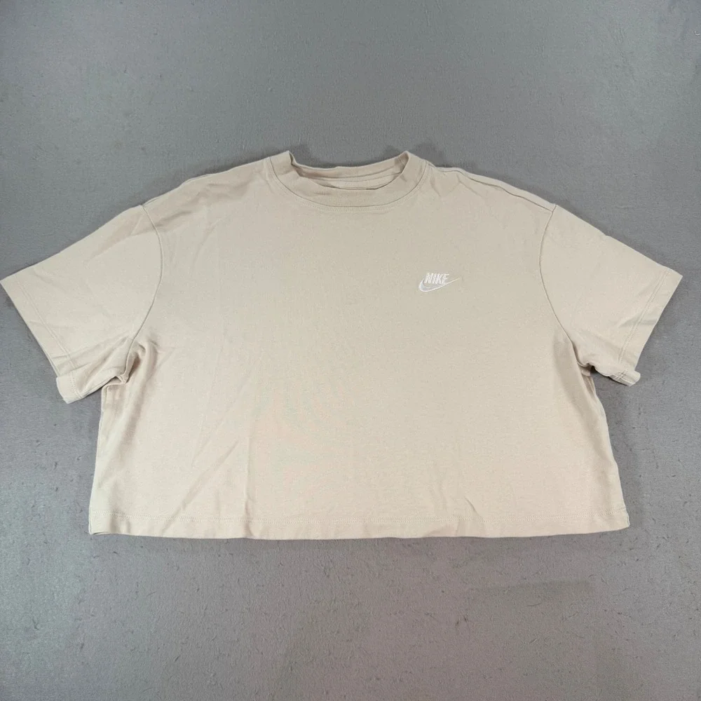 Nike Sportswear Essential Cropped Tee Beige Embroidered Logo Women's Large