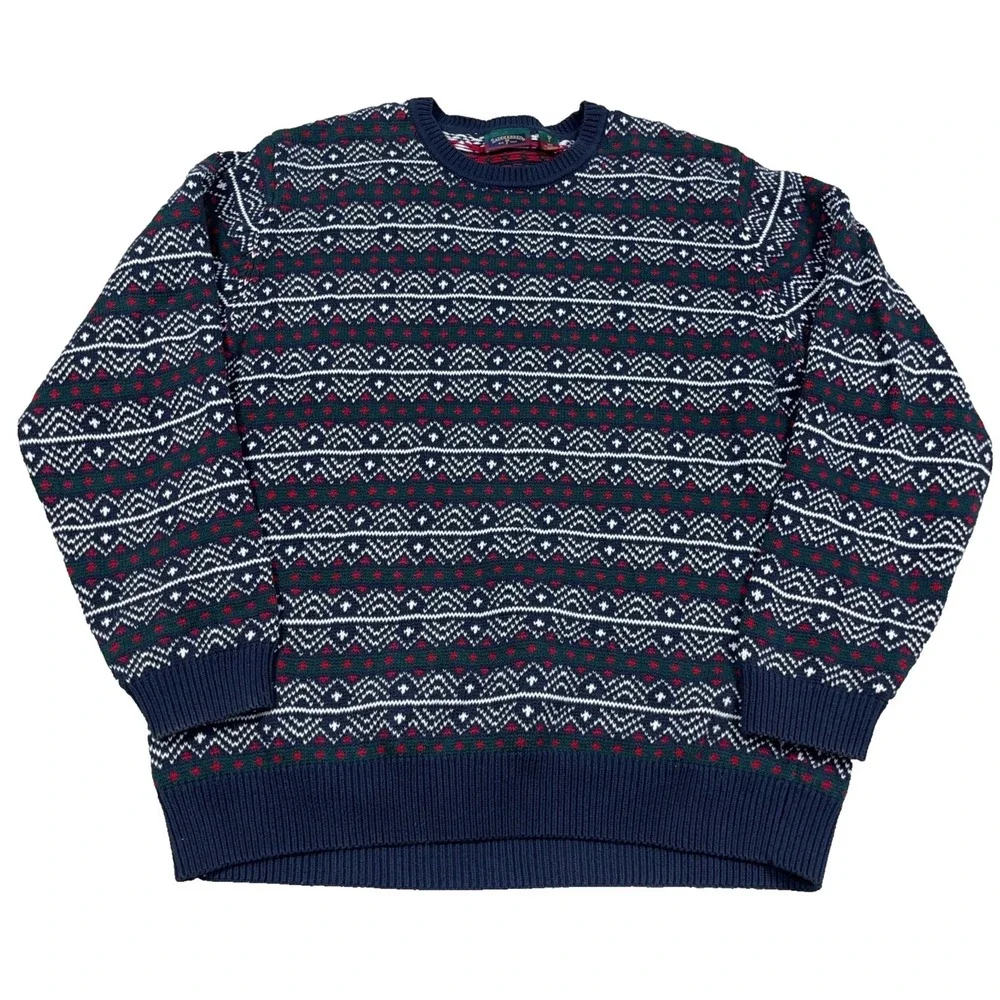 Vintage Grandpa Sweater Men XLT Blue Red Heavy Chunky Knit Geometric Nordic 90s‎