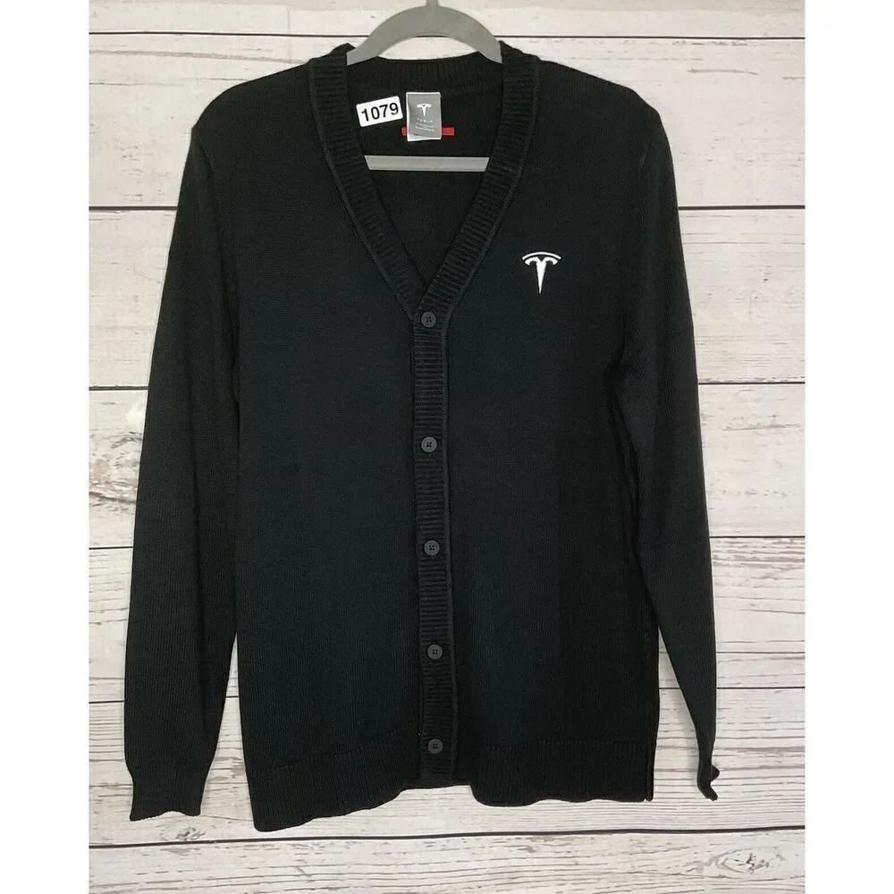 Tesla Men’s Size Medium M‎ V-Neck Cardigan Button Sweater in Black Embroidered