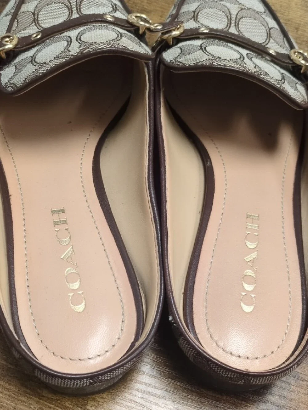 Coach Brown Signature Monogram Mules with Gold Accents/8.5B