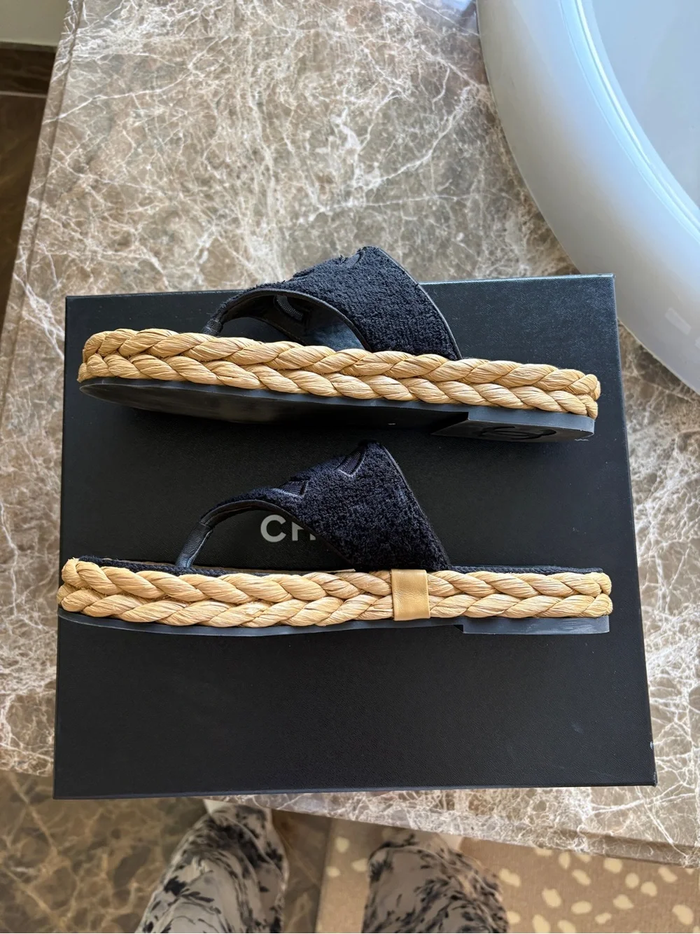 CHANEL raffia worn footbed