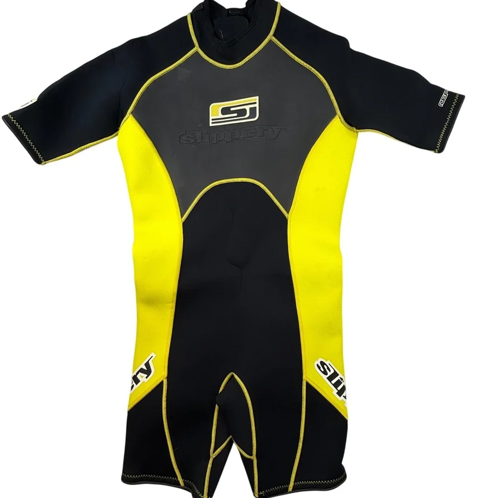 Slippery Shorty Wetsuit Mens Large Black Neon Yellow Neoprene Jet Ski Surf‎ L