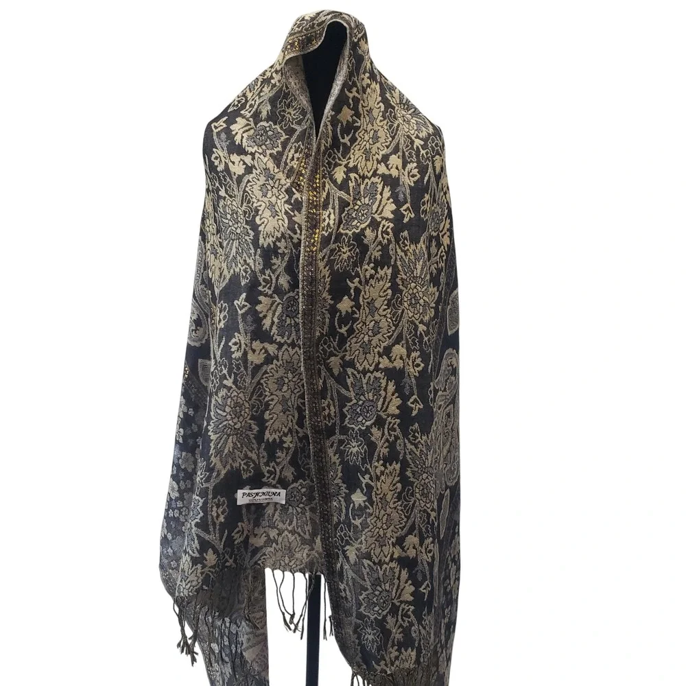 Pashmina Floral Paisley Scarf Shawl Wrap Women OS Black Gold Metallic Fringe