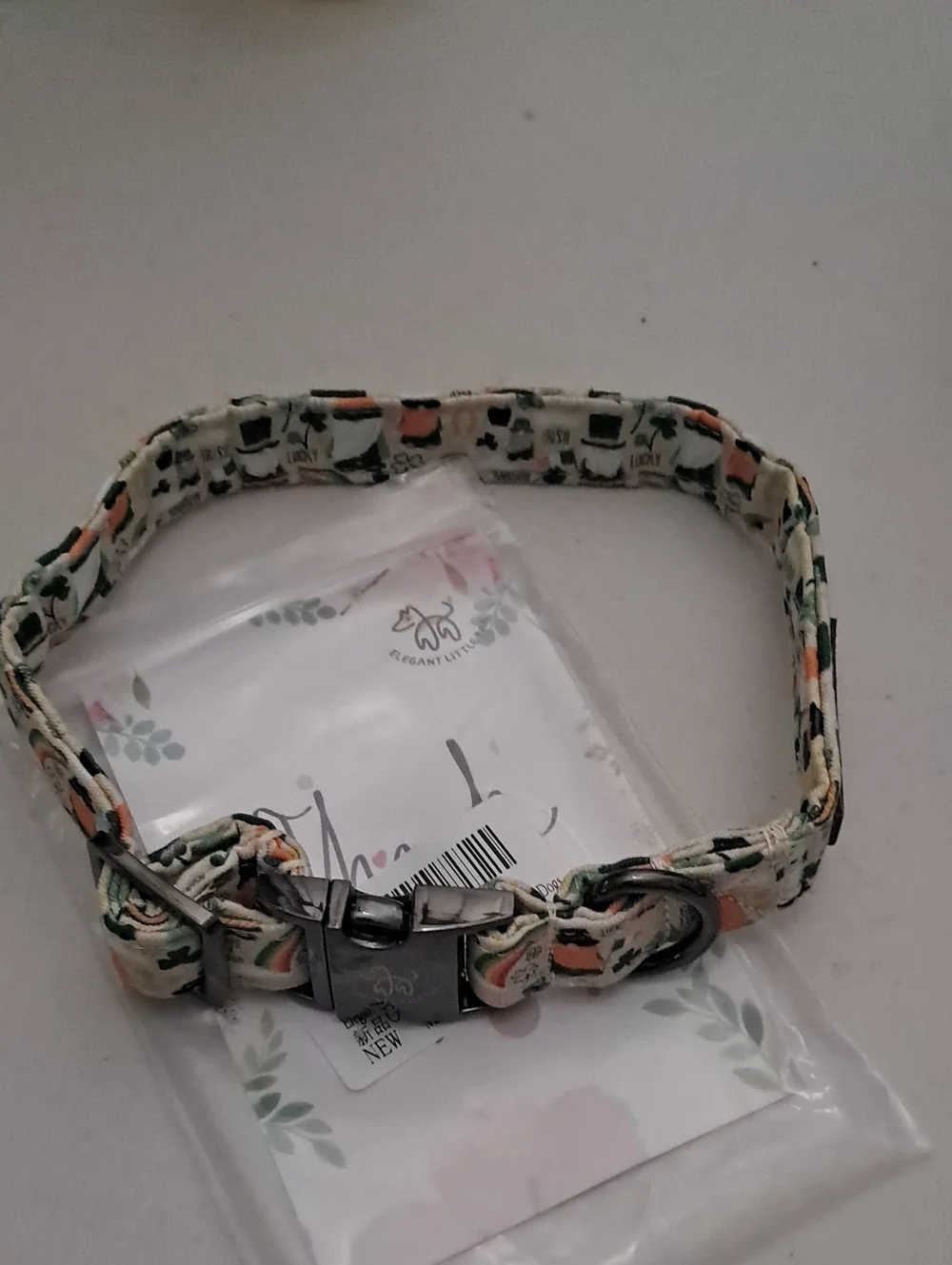 Adjustable St. Patricks Day Fabric Dog Collar in Cream, Green & Peach