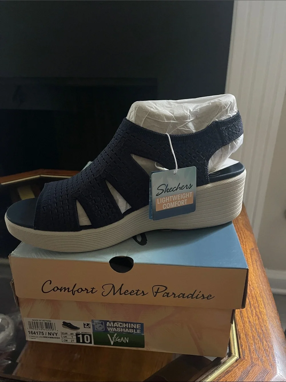 Vionic Navy Knit Wedge Sandal with Cream Platform