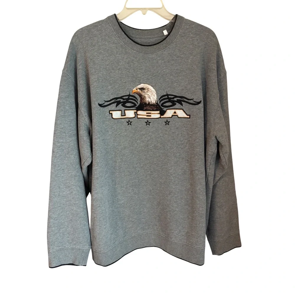 Croft &‎ Barrow Mens Gray USA Eagle Graphic Crew Neck Sweatshirt - Large