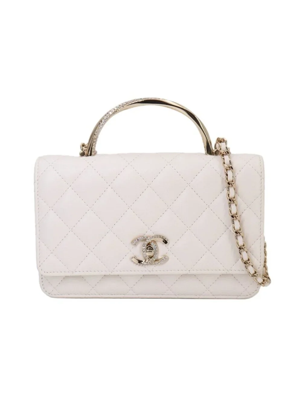 Chanel Quilted 2-Way Hand Chain Wallet Lambskin White Gold Shoulder Bag