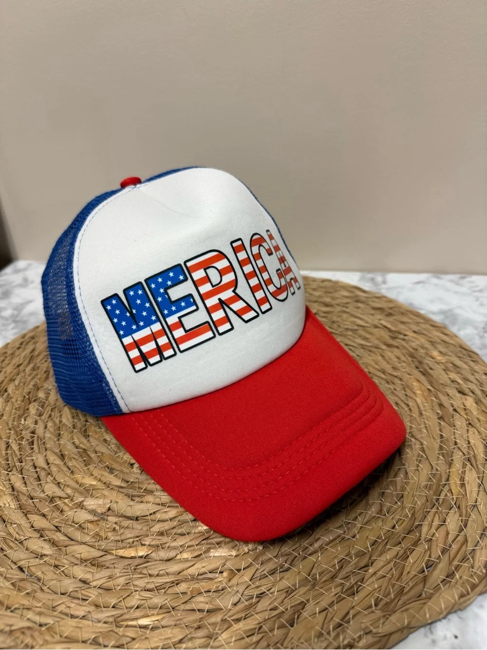 SHEIN Red White and Blue Trucker Hat 'MERICA Print