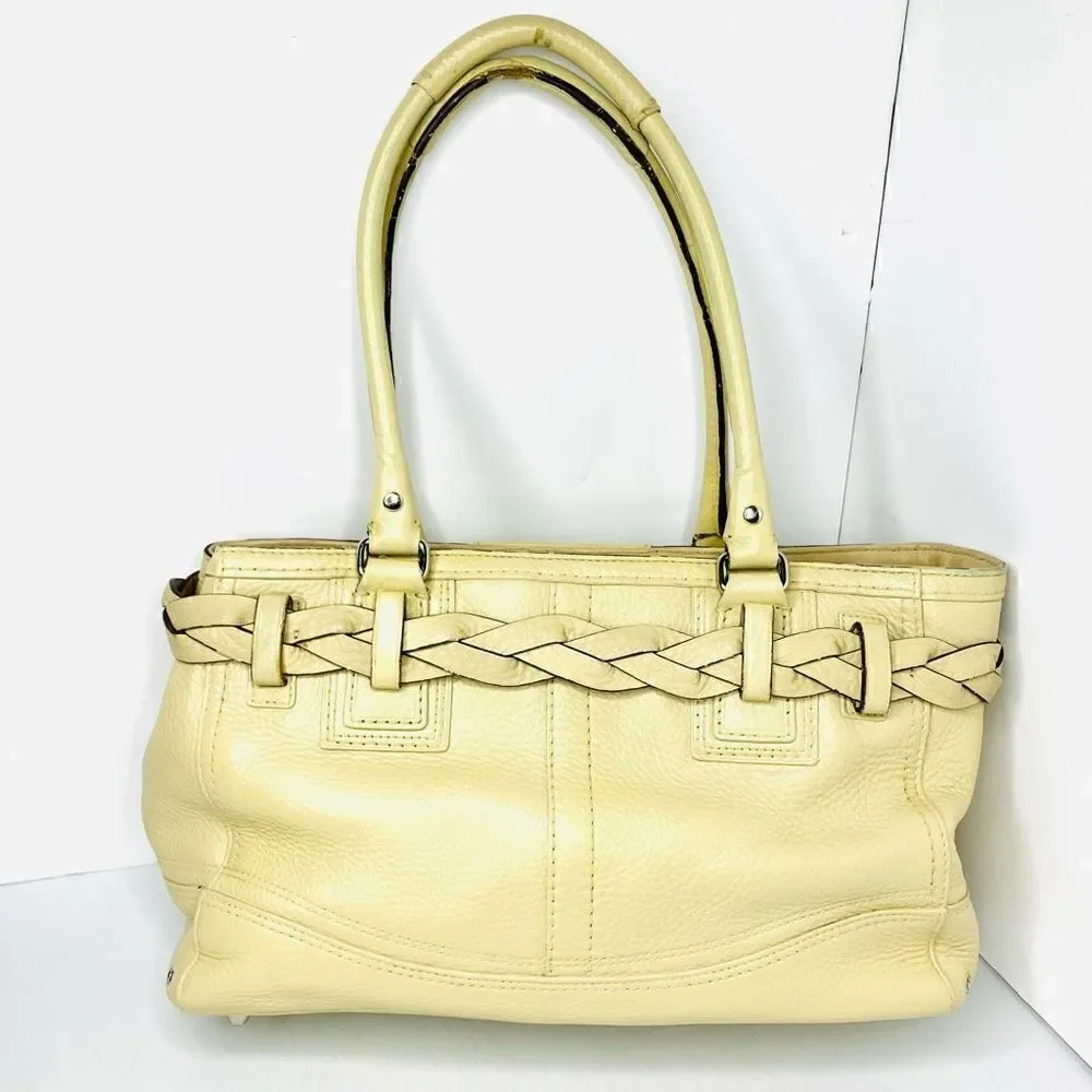 Coach F13084 Hampton Leather Braided Satchel Handbag Bag, Beige Cream