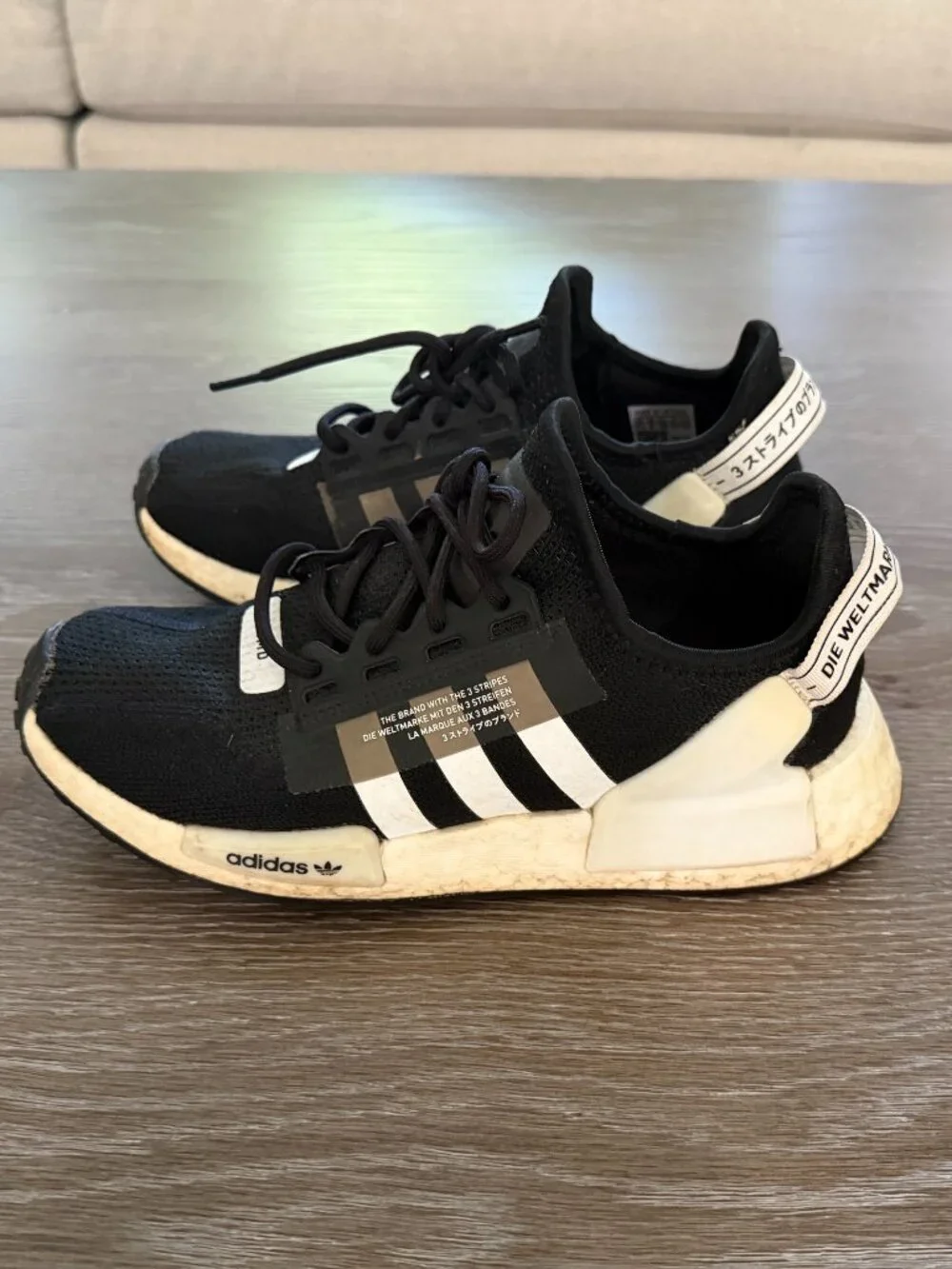 Unisex kids Adidas NMD black/white sneakers size 5