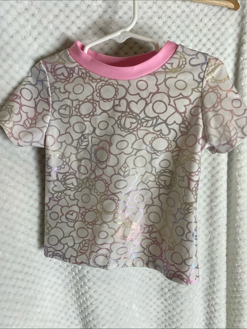 Floatimini White Short Sleeve Rashguard style swim top Pink Trim Floral Print