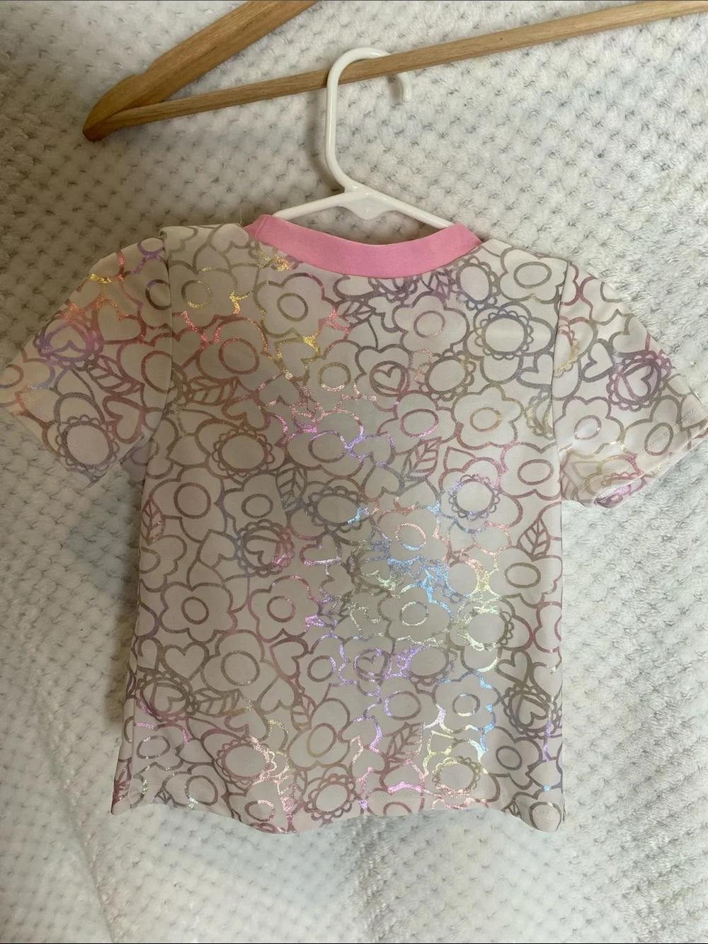 Floatimini White Short Sleeve Rashguard style swim top Pink Trim Floral Print