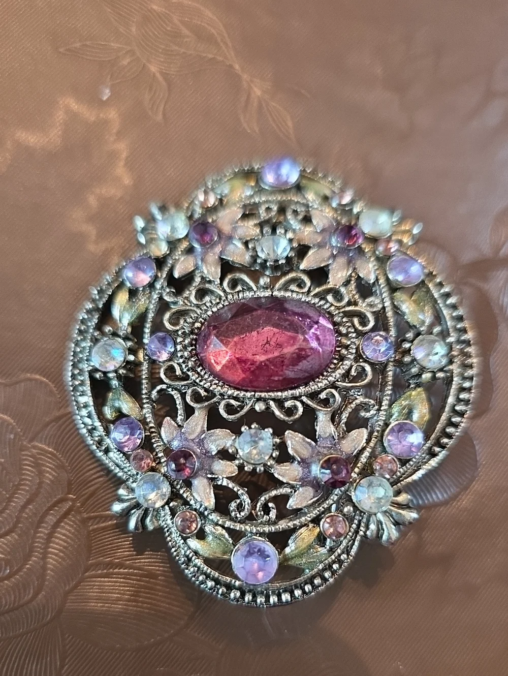 Antique Floral Filigree Brooch with Pink Center Stone And Purple Accents