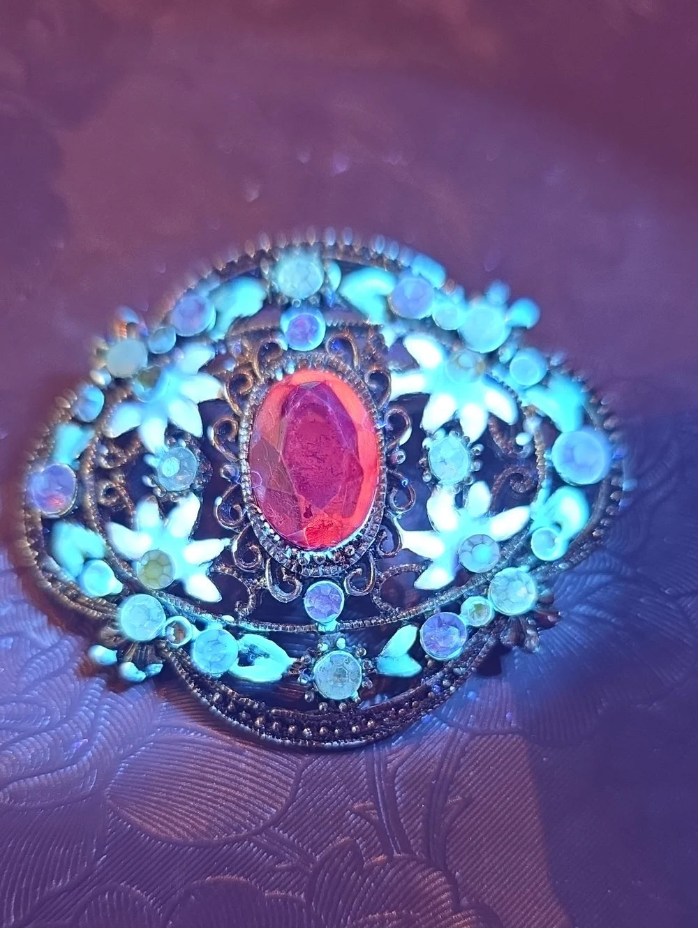 Antique Floral Filigree Brooch with Pink Center Stone And Purple Accents