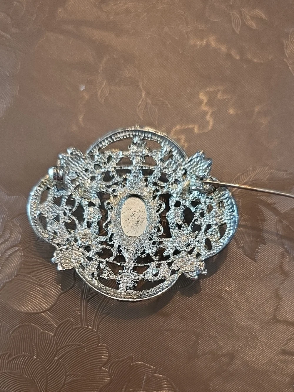 Antique Floral Filigree Brooch with Pink Center Stone And Purple Accents