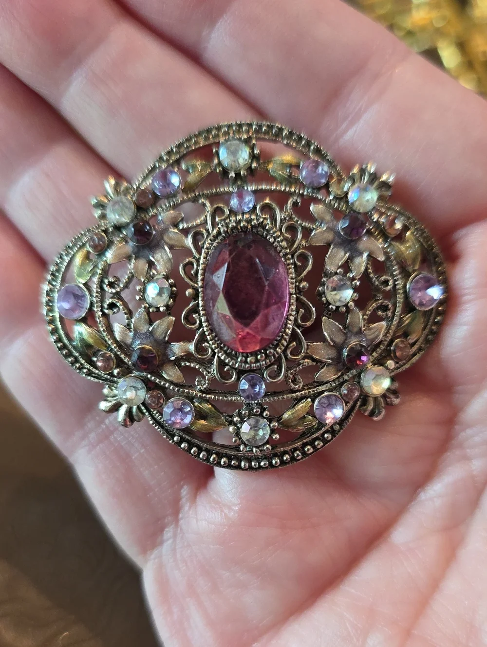 Antique Floral Filigree Brooch with Pink Center Stone And Purple Accents