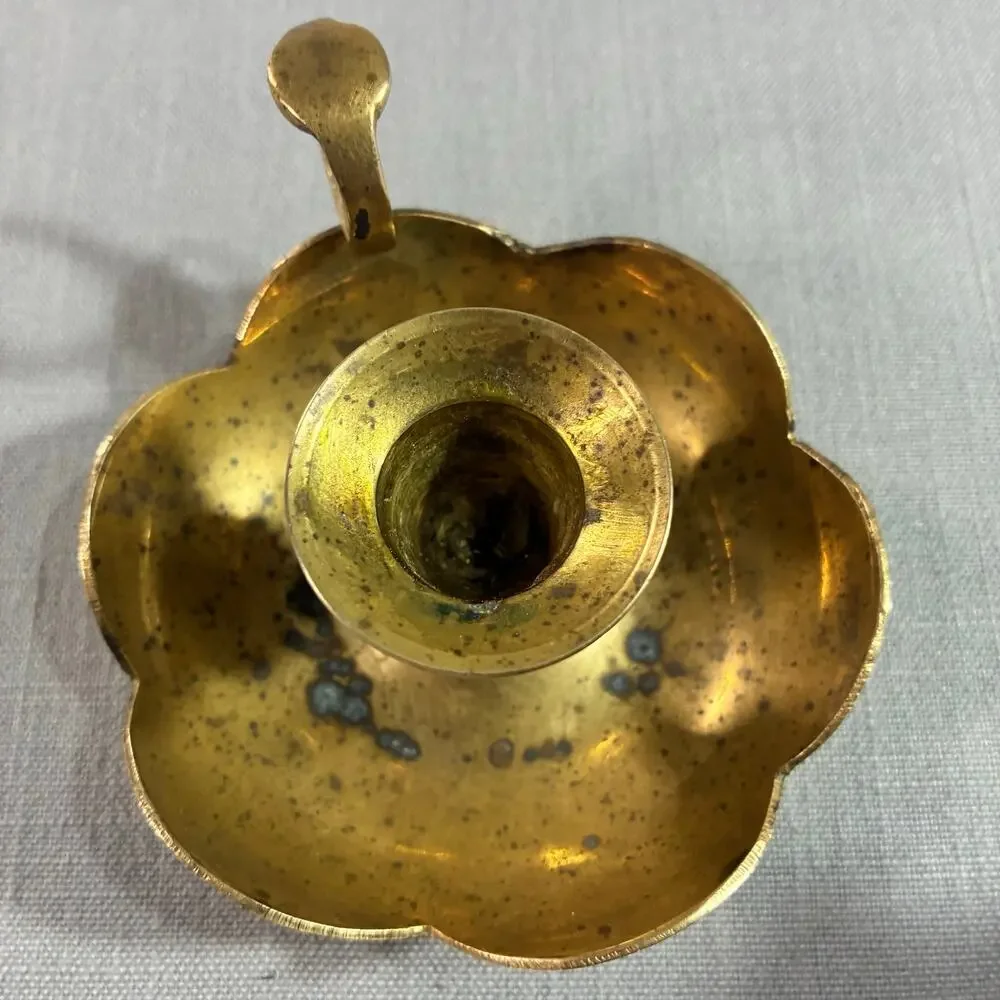 Vintage Solid Brass Chamberstick Finger Loop Candle Holder Scalloped Drip Tray