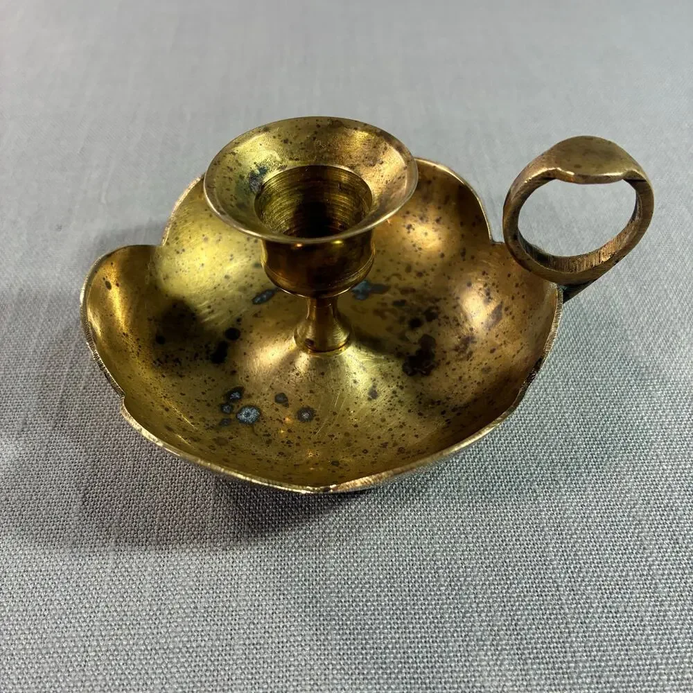Vintage Solid Brass Chamberstick Finger Loop Candle Holder Scalloped Drip Tray