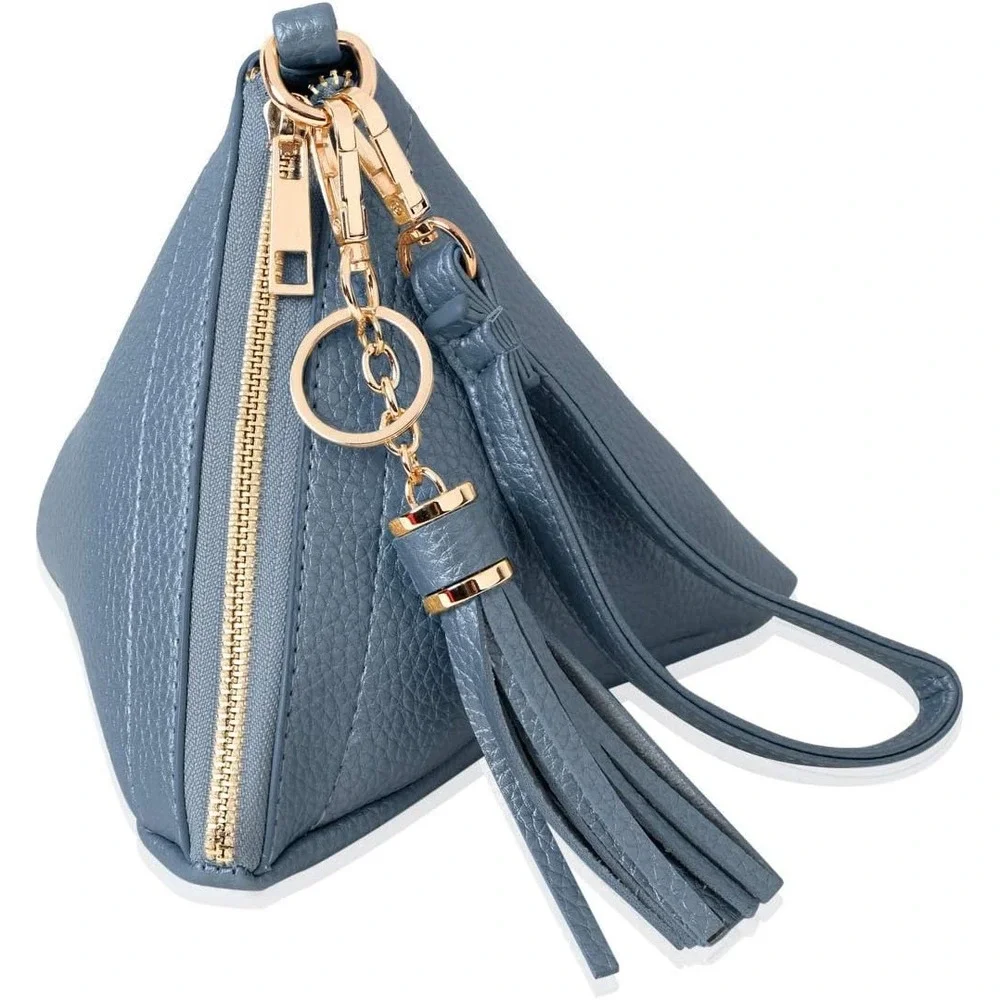 Blue Pyramid Geometric Wristlet Pouch Tassel Charm Pebble Faux Leather Clutch
