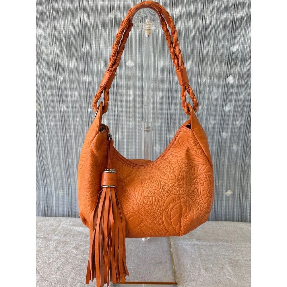Braccialini Orange Embossed Leather Hobo Bag Braided Handle Tassel Made in Italy