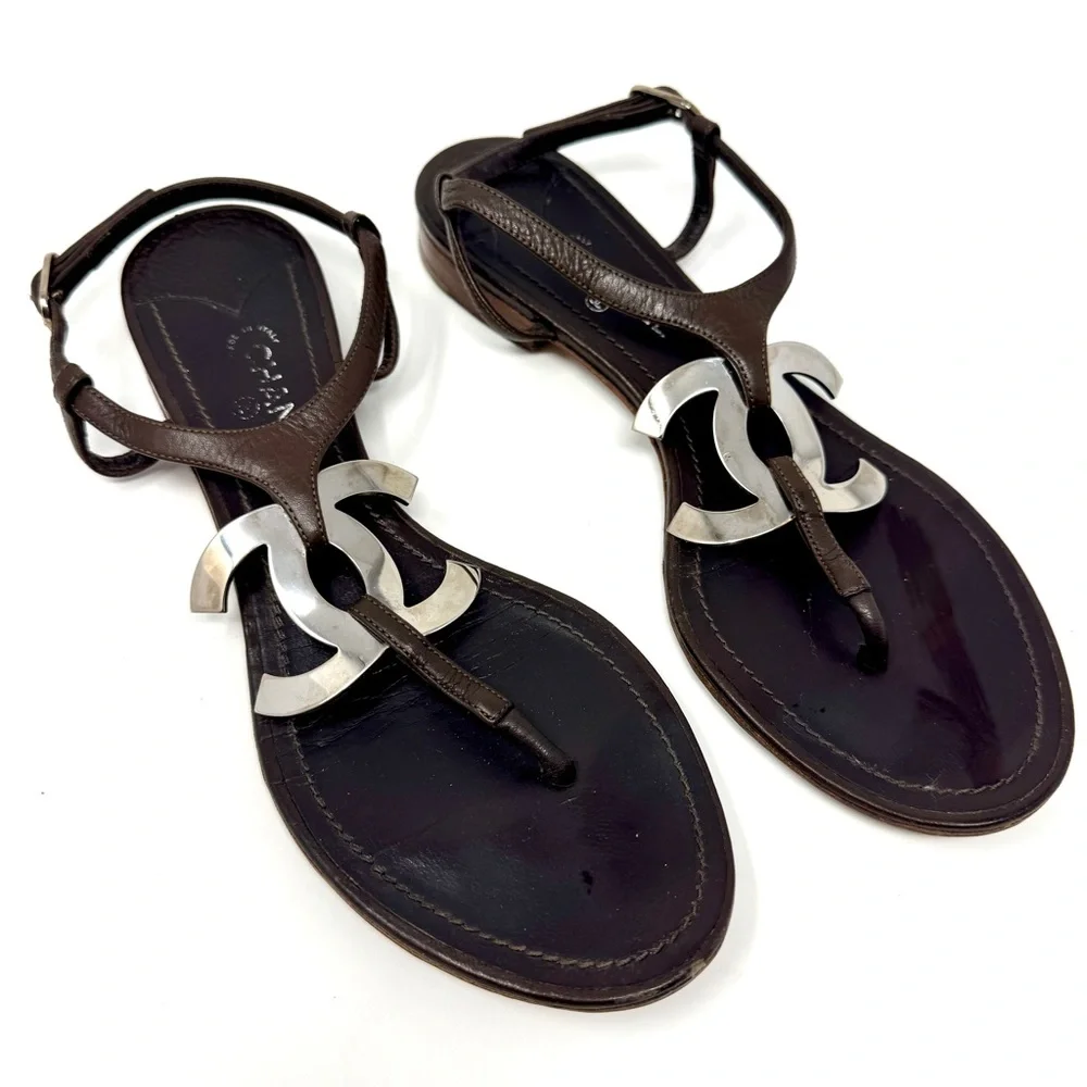 Chanel Dark Brown Leather Silver CC Logo T-Strap Thong Sandals