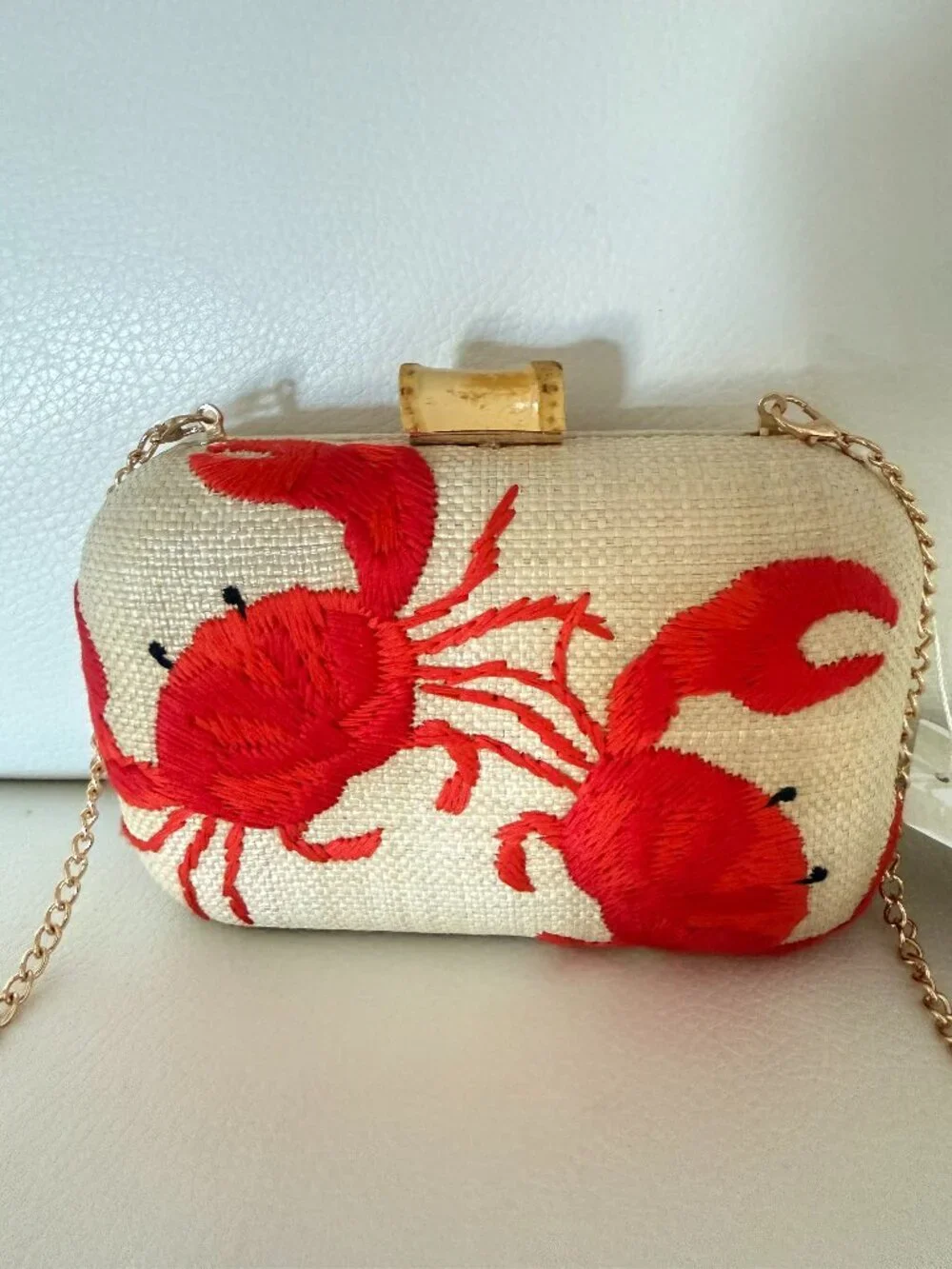 NWT TOMMY BAHAMA CRAB EMBROIDERED STRAW BOX CLUTCH BAG W GOLD TONE CHAIN STRAP